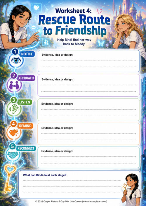 WORKSHEET - Route to Friendship This is a colorful educational worksheet titled “Worksheet 4: Rescue Route to Friendship,” from The Web Trap 5-Day Mini Unit Course. It helps learners think about how Bindi might support her friend Maddy and help her reconnect with friendship and the real world. At the top, Bindi appears on the left with long black hair in a braid, green eyes, and a white T-shirt. She reaches toward a series of glowing digital symbols. On the right, Maddy, with long wavy blonde hair and blue eyes, sits thoughtfully with her chin resting on her hand. Behind them, the scene blends natural greenery, glowing digital interfaces, a futuristic city, and a fantasy palace, representing the boundary between real and virtual worlds. Beneath the title is the instruction, “Help Bindi find her way back to Maddy.” The worksheet presents a five-stage route down the left side. Each stage has a number, a colored icon, and a large writing box labeled “Evidence, idea or design.” Stage 1 is “Notice,” represented by an eye. It encourages the learner to consider what Bindi might observe that suggests Maddy needs help. Stage 2 is “Approach,” represented by two people reaching toward each other. It focuses on how Bindi might make contact with Maddy in a supportive way. Stage 3 is “Listen,” represented by an ear. This stage emphasizes paying attention to what Maddy says and understanding her feelings and needs. Stage 4 is “Remind,” represented by a heart. It encourages learners to consider how Bindi might remind Maddy of meaningful friendships, experiences, and connections outside the virtual world. Stage 5 is “Reconnect,” represented by a handshake. It asks learners to think about ways Bindi could help Maddy rebuild her connection with friends and real life. A glowing pathway connects all five stages along the left edge of the worksheet and ends at a golden key with a heart-shaped top, symbolizing friendship as a way back to connection. At the bottom is a larger reflection box asking, “What can Bindi do at each stage?” Several lines are provided for the learner’s response. In the lower-right corner, a smaller illustration shows Bindi holding the heart-shaped golden key and looking thoughtfully toward it. The worksheet uses blue, purple, green, orange, and teal accents to distinguish the five stages. Its fantasy-digital background connects the activity to The Web Trap while the five-step sequence encourages empathy, careful observation, listening, and supportive rather than judgmental responses to a friend who may be withdrawing into a digital world.