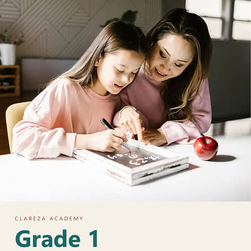 Mother and daughter doing homework together at a table, with a red apple nearby, in a cozy home setting.
