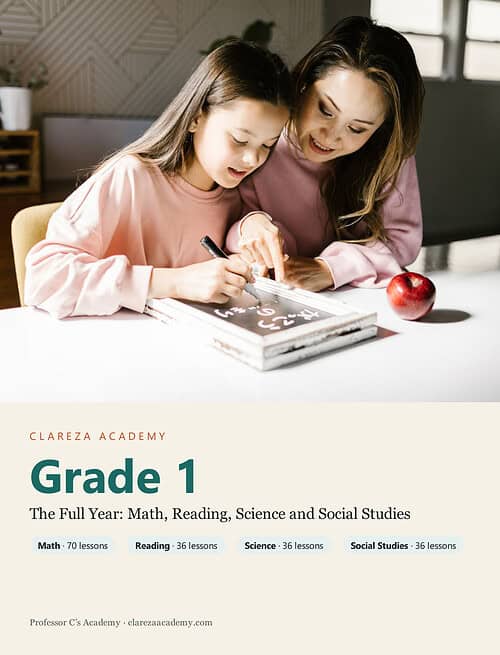 clareza-grade1.jpg Mother and daughter doing homework together at a table, with a red apple nearby, in a cozy home setting.