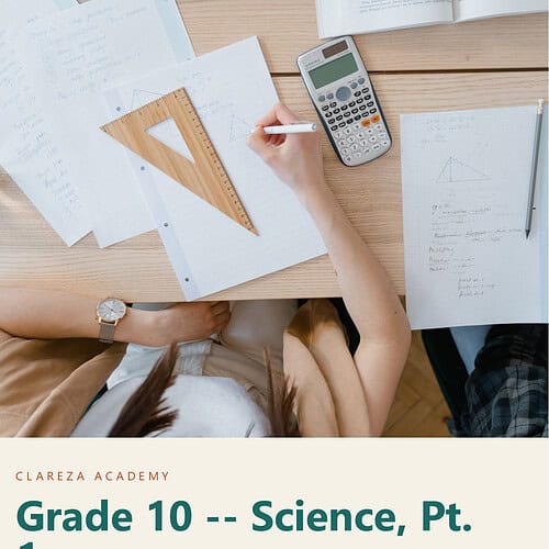 Homeschool student studying science with textbooks, calculator, and notes on a wooden desk.