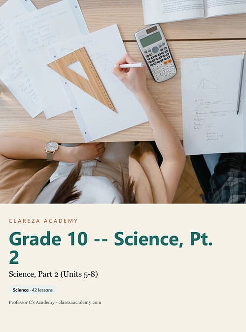 clareza-grade10-science-2.jpg Homeschool student studying science with textbooks, notes, and a calculator on a wooden desk.