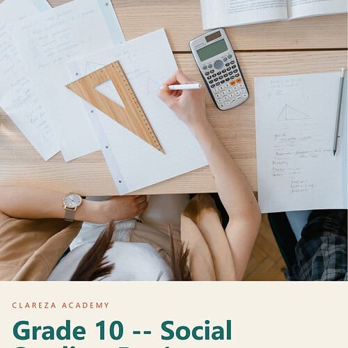 Homeschooling student studying social studies with textbooks, notes, calculator, and ruler on a wooden desk.