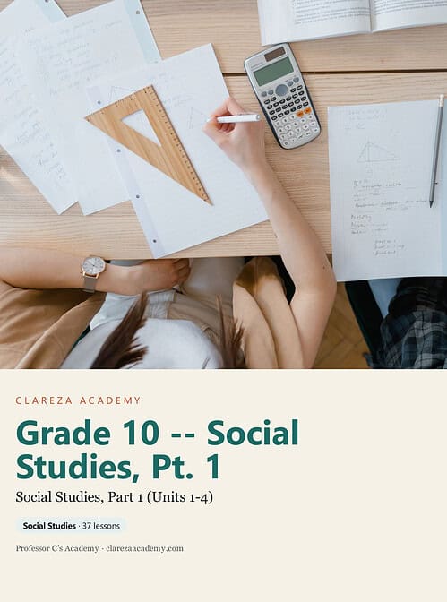 clareza-grade10-social-studies-1.jpg Homeschooling student studying social studies with textbooks, notes, calculator, and ruler on a wooden desk.