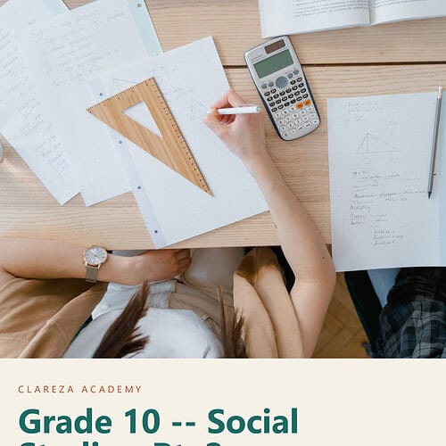 Homeschool student studying social studies with textbooks, notes, calculator, and geometric tools on a wooden desk.