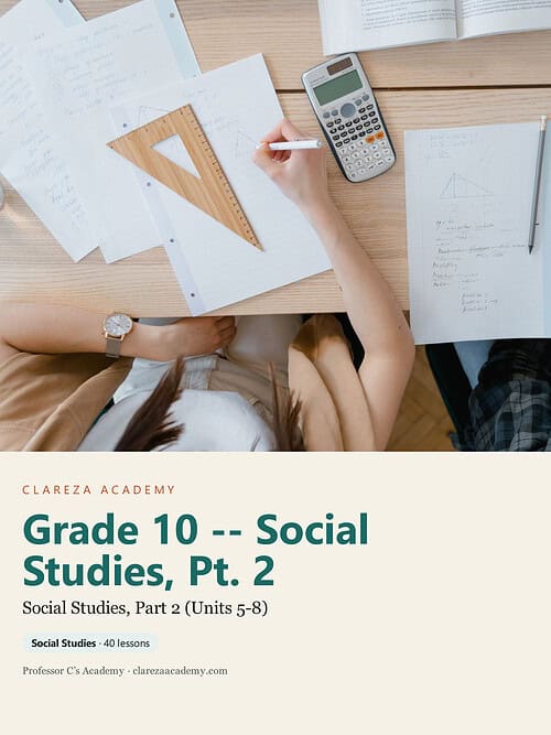 clareza-grade10-social-studies-2.jpg Homeschool student studying social studies with textbooks, notes, calculator, and geometric tools on a wooden desk.