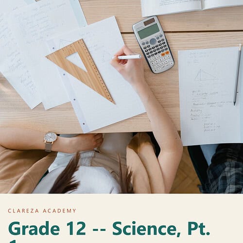 High school student studying science with textbooks, calculator, and geometric tools on a wooden desk.
