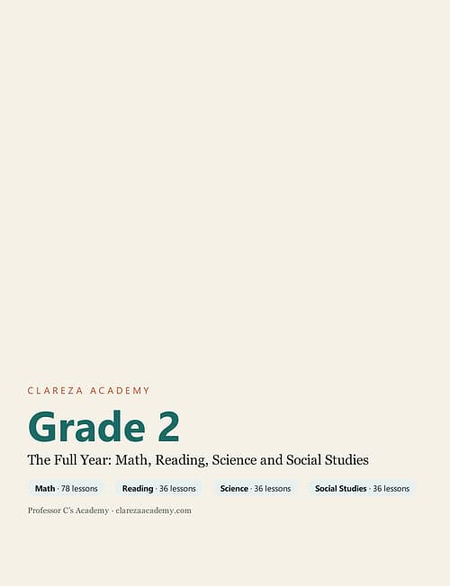 clareza-grade2.jpg Homeschool Resource Co. Grade 2 curriculum cover featuring subjects like Math, Reading, Science, and Social Studies with lesson counts.