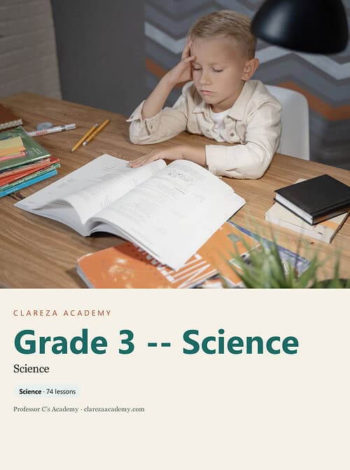 clareza-grade3-science.jpg Young boy studying science at home with open textbook, surrounded by school supplies, during homeschooling.