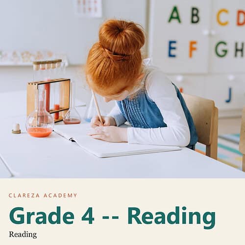 clareza-grade4-reading.jpg Young girl with red hair studying at a desk in a homeschool classroom with educational posters and alphabet charts.