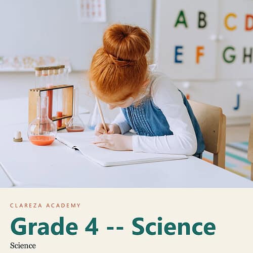 Young girl with red hair studying science in a classroom with educational posters and lab equipment.