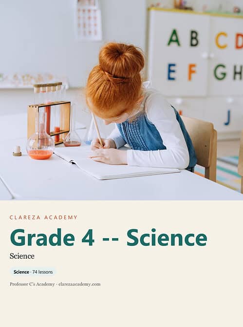 clareza-grade4-science.jpg Young girl with red hair studying science in a classroom with educational posters and lab equipment.