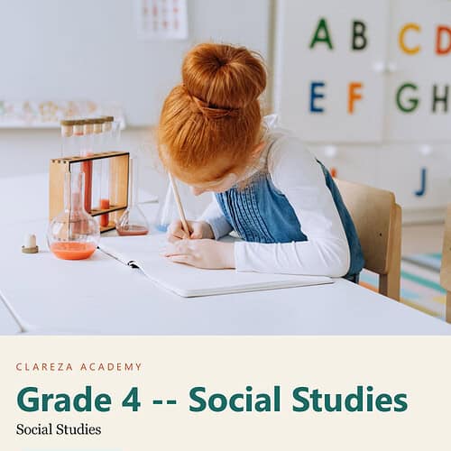 Young girl with red hair studying at a desk in a homeschool classroom with educational posters and science equipment.