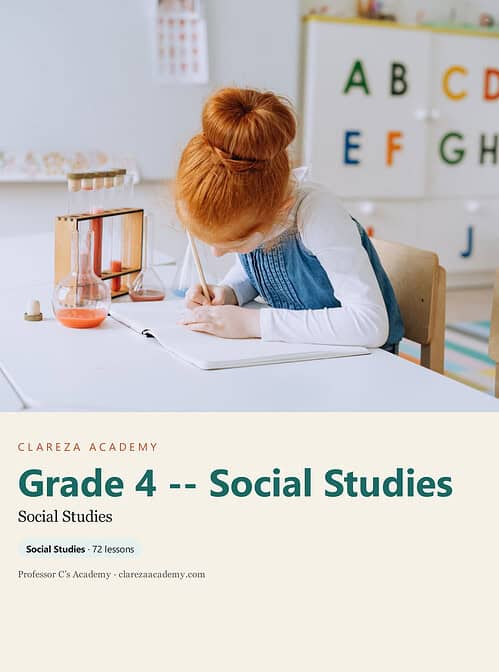 clareza-grade4-social-studies.jpg Young girl with red hair studying at a desk in a homeschool classroom with educational posters and science equipment.