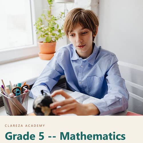 Young boy studying mathematics at home with a tablet, educational materials, and a plant in the background.