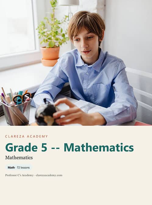 clareza-grade5-mathematics.jpg Young boy studying mathematics at home with a tablet, educational materials, and a plant in the background.