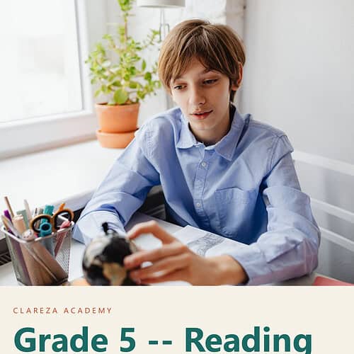 Young boy studying reading material at home, representing Grade 5 reading curriculum from Homeschool Resource Co.