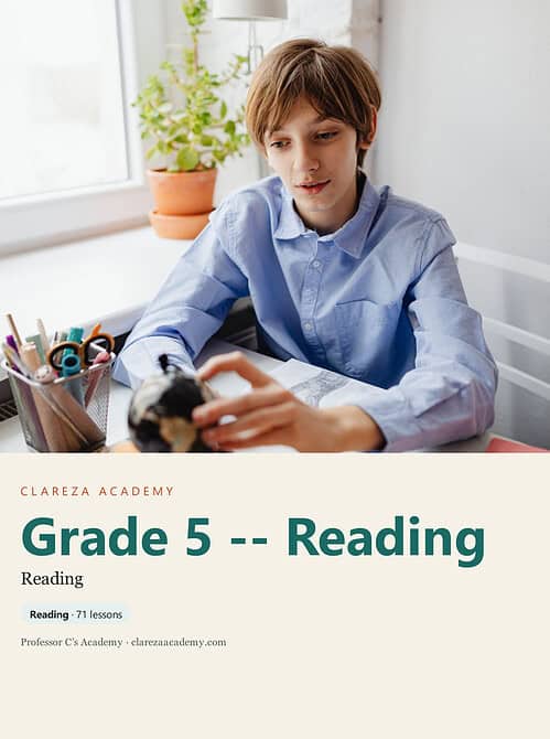 clareza-grade5-reading.jpg Young boy studying reading material at home, representing Grade 5 reading curriculum from Homeschool Resource Co.