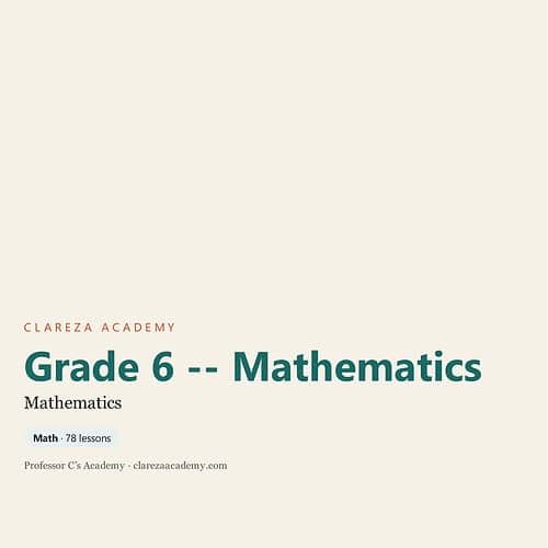 Cover page of Grade 6 Mathematics curriculum by Clareza Academy, featuring a clean design with educational branding.