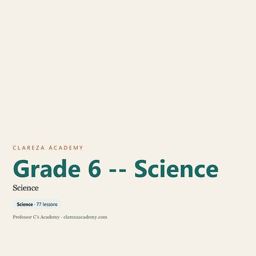 Grade 6 Science curriculum cover from Clareza Academy featuring 77 lessons for homeschooling students.