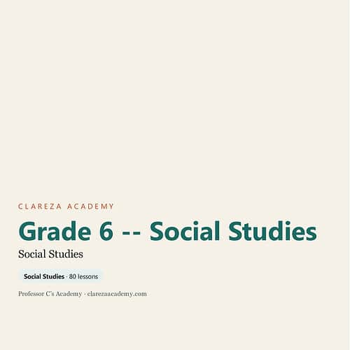Grade 6 Social Studies curriculum cover from Clareza Academy, featuring a clean design with educational focus.