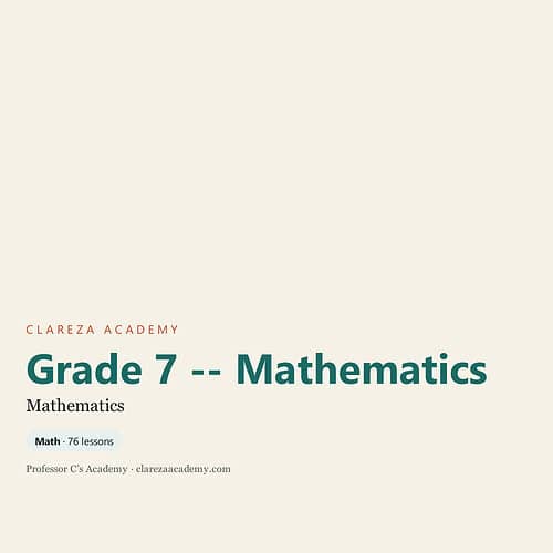 Grade 7 Mathematics curriculum cover from Clareza Academy, featuring a clean design with educational focus.