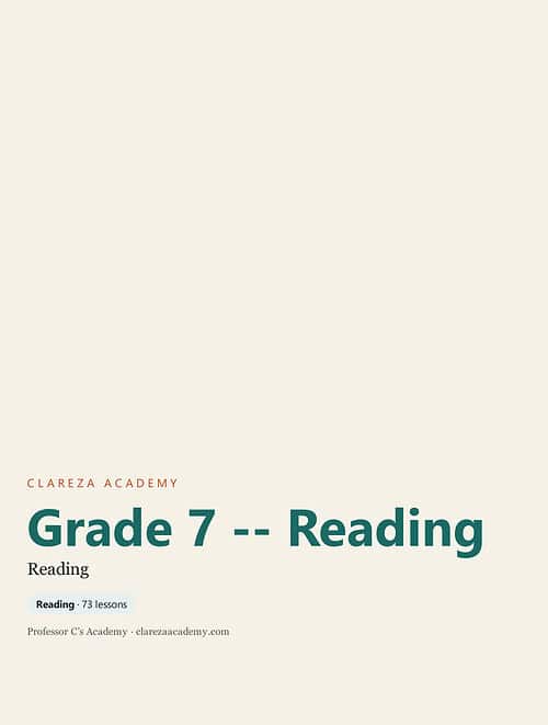 clareza-grade7-reading.jpg Grade 7 reading curriculum cover from ClarezA Academy with 73 lessons for homeschool students.