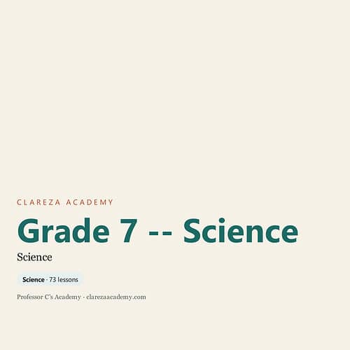 Grade 7 Science curriculum cover from Clareza Academy featuring lessons and resources for homeschooling students.