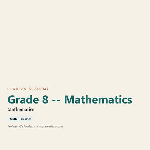 Grade 8 Mathematics curriculum cover from Clareza Academy, featuring 83 lessons for homeschooling students.