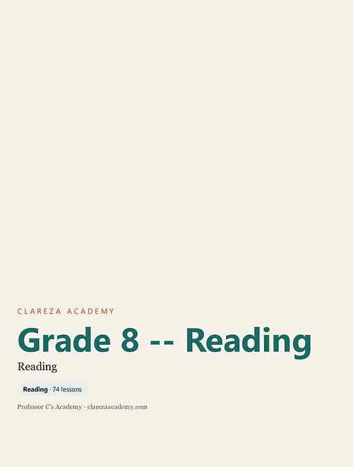 clareza-grade8-reading.jpg Grade 8 Reading curriculum cover from Clareza Academy with 74 lessons for homeschool students.