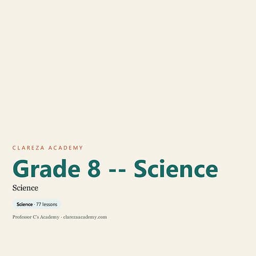 Grade 8 Science curriculum cover from Clareza Academy featuring 77 lessons for homeschooling students.