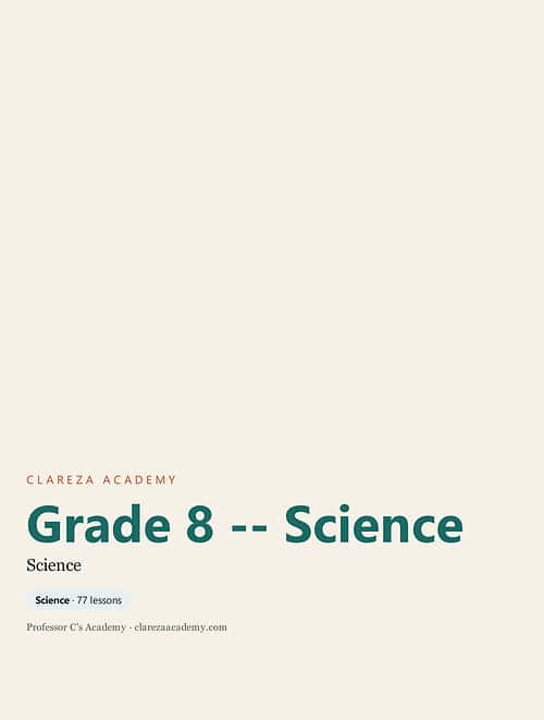clareza-grade8-science.jpg Grade 8 Science curriculum cover from Clareza Academy featuring 77 lessons for homeschooling students.
