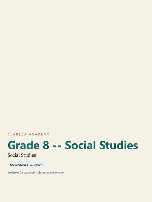 clareza-grade8-social-studies.jpg Grade 8 Social Studies curriculum cover from Homeschool Resource Co., featuring a clean design with educational focus.