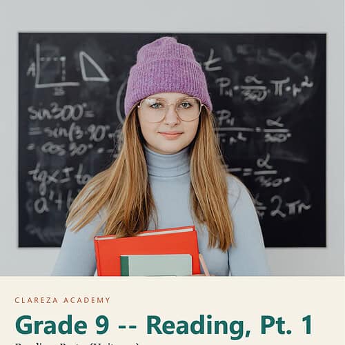 clareza-grade9-reading-1.jpg Young female student with glasses and purple beanie holding textbooks in front of a blackboard with math formulas.