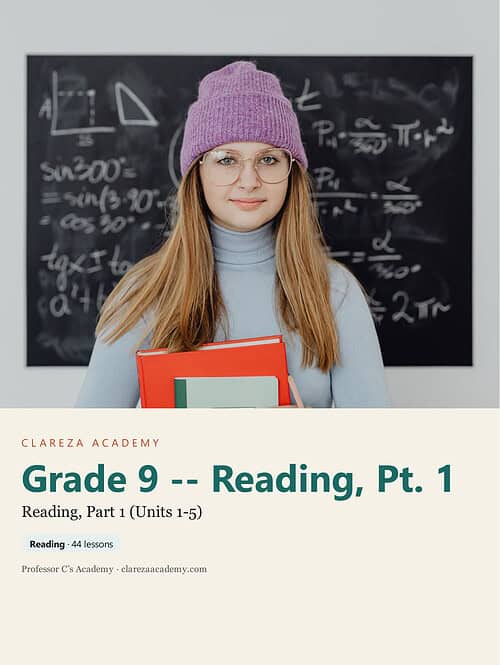 clareza-grade9-reading-1.jpg Young female student with glasses and purple beanie holding textbooks in front of a blackboard with math formulas.