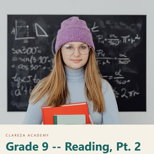 clareza-grade9-reading-2.jpg Young female student with glasses and purple beanie holding textbooks in front of a blackboard with math formulas.