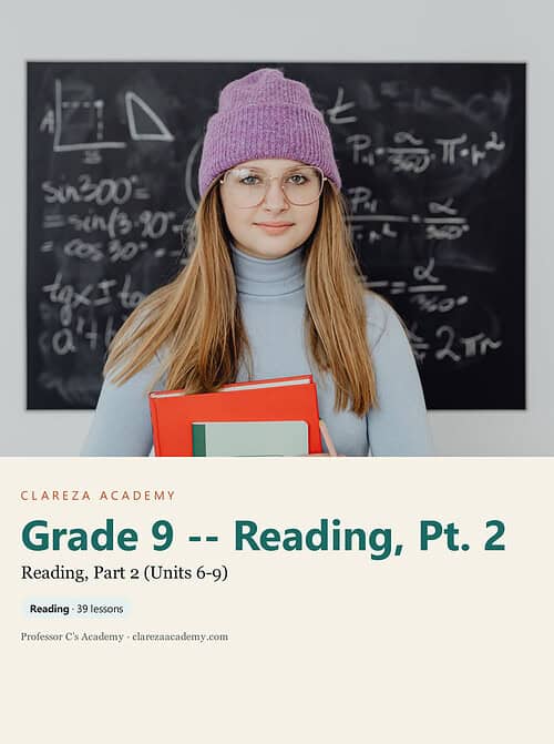clareza-grade9-reading-2.jpg Young female student with glasses and purple beanie holding textbooks in front of a blackboard with math formulas.