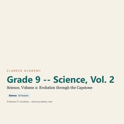 Cover page of Grade 9 Science Vol. 2 textbook from Clareza Academy, featuring a clean design with the title and volume details.