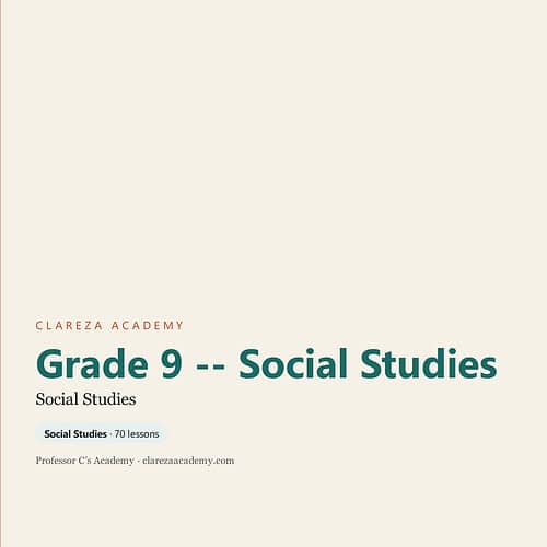 Grade 9 Social Studies curriculum cover from Clareza Academy, featuring a clean design with the title and educational details.