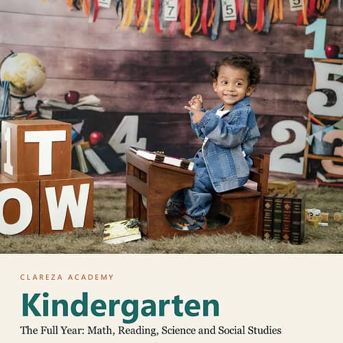 Young child in a denim outfit sitting at a wooden desk with educational toys and numbers, celebrating kindergarten learning at home.