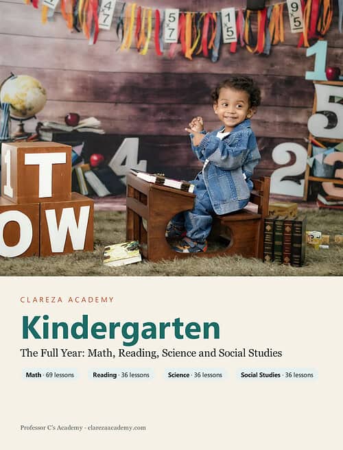 clareza-kindergarten.jpg Young child in a denim outfit sitting at a wooden desk with educational toys and numbers, celebrating kindergarten learning at home.