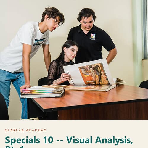 Three students studying a large art book on visual analysis at Clareza Academy, focusing on art history and analysis techniques.