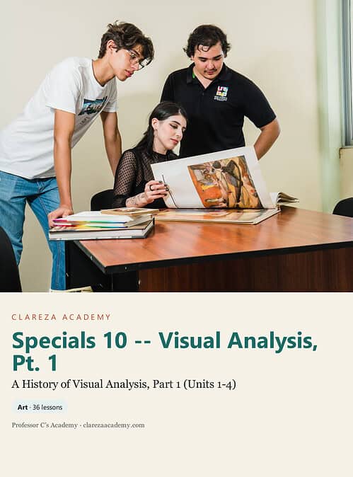 clareza-specials10-art-1.jpg Three students studying a large art book on visual analysis at Clareza Academy, focusing on art history and analysis techniques.