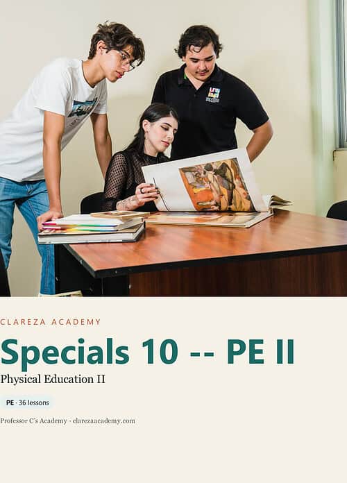 clareza-specials10-pe.jpg Three students studying a large art book at a desk in a classroom, with one student seated and two standing, engaging in a discussion about the artwork.