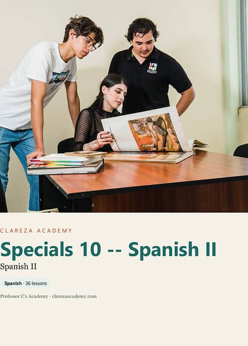clareza-specials10-spanish.jpg Three students studying Spanish II at ClarezA Academy, with one student reading a book while two others look on, in a classroom setting.