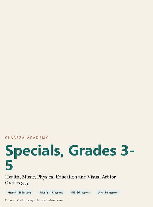 clareza-specials35.jpg Homeschool Resource Co. offers health, music, physical education, and visual art classes for grades 3-5, supporting homeschooling families with engaging curriculum options.
