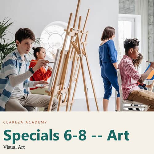 Children aged 6-8 engaged in art class at Clarezza Academy, painting and drawing in a bright, modern classroom.