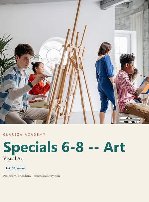 clareza-specials68-art.jpg Children aged 6-8 engaged in art class at Clarezza Academy, painting and drawing in a bright, modern classroom.
