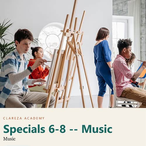 Group of diverse children participating in a music class at Clarez Academy, engaging with musical instruments and an instructor in a bright, modern classroom.