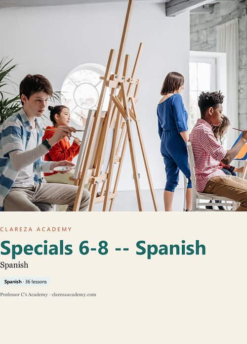 clareza-specials68-spanish.jpg Young students in a classroom participating in a Spanish language class with easels and art supplies.