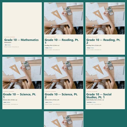 Collection of Grade 10 homeschool curriculum books including Mathematics, Reading, Science, and Social Studies, Part 1 and 2, from Homeschool Resource Co.